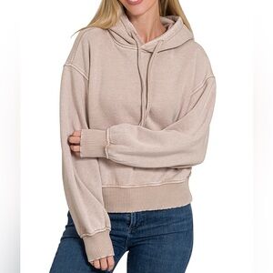 Acid Wash Fleece Cropped Hoodie in Ash Mocha